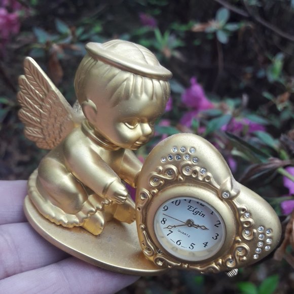 Cherub Clock Golden Mini Clock Cupid Angel by Elgin - Picture 10 of 10